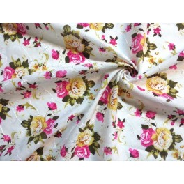 TISSU COTON BRODE FLEURS ROSE -JAUNE FOND BLANC A0113