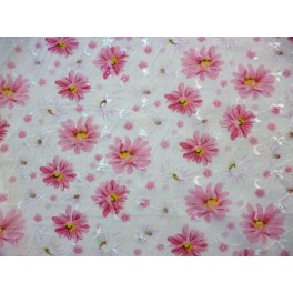 TISSU COTON BRODE FLEURS ROSE FOND BLANC A0115